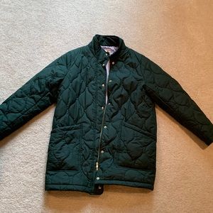Jcrew quilted jacket.Size large. Hunter green outside, lavender lining inside
